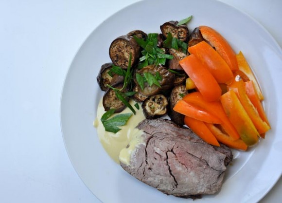 Roast beef, roasted eggplant and peppers