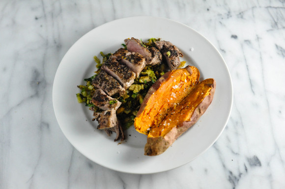 Pork tenderloin brussels sprouts and sweet potato