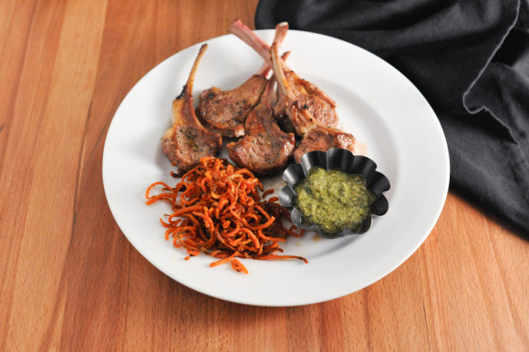 Lamb chops and pesto with spiralized sweet potato shoestring fries