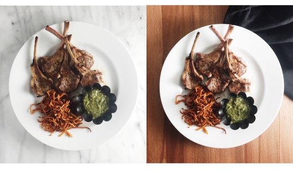 Lamb chops with pesto and sweet potato shoestrings diptych