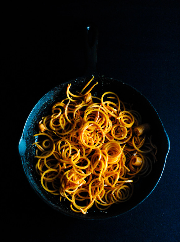 Spiralized Sweet Potato Shoestring Fries in the Cast Iron