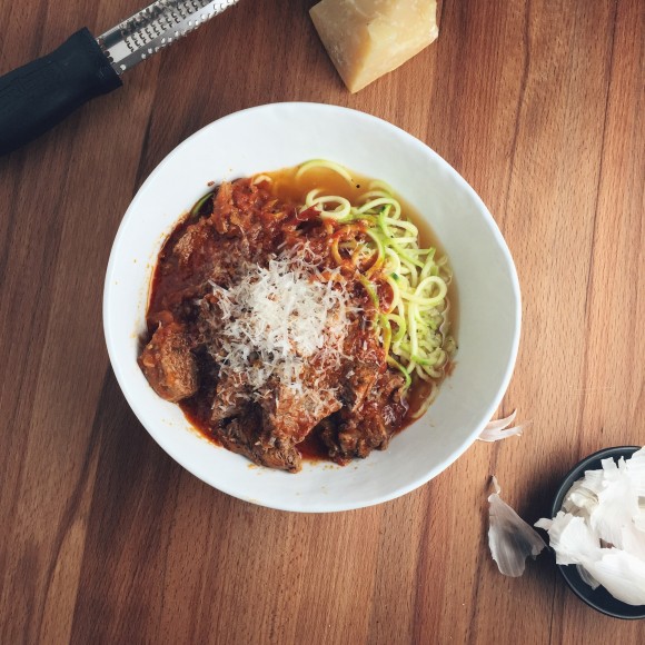 Tomato Braised Lamb over Zucchini Noodles