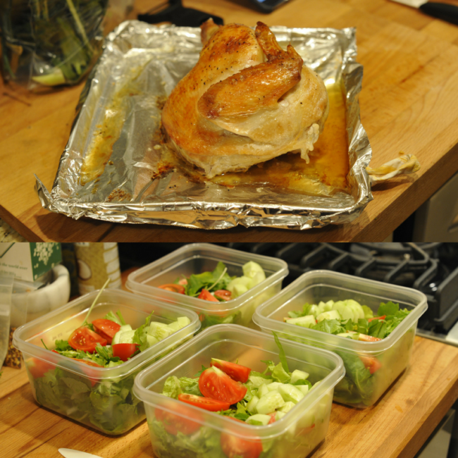 batch cooking chicken and salad