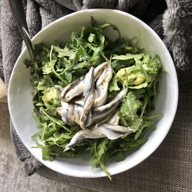 the second lunch arugula salad with avocado green goddess and marinated anchovies