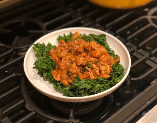 the second lunch barbecue pulled chicken and turkish beans over kale