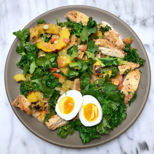 the second lunch kale salad with pollo asado chicken and delicata squash with egg