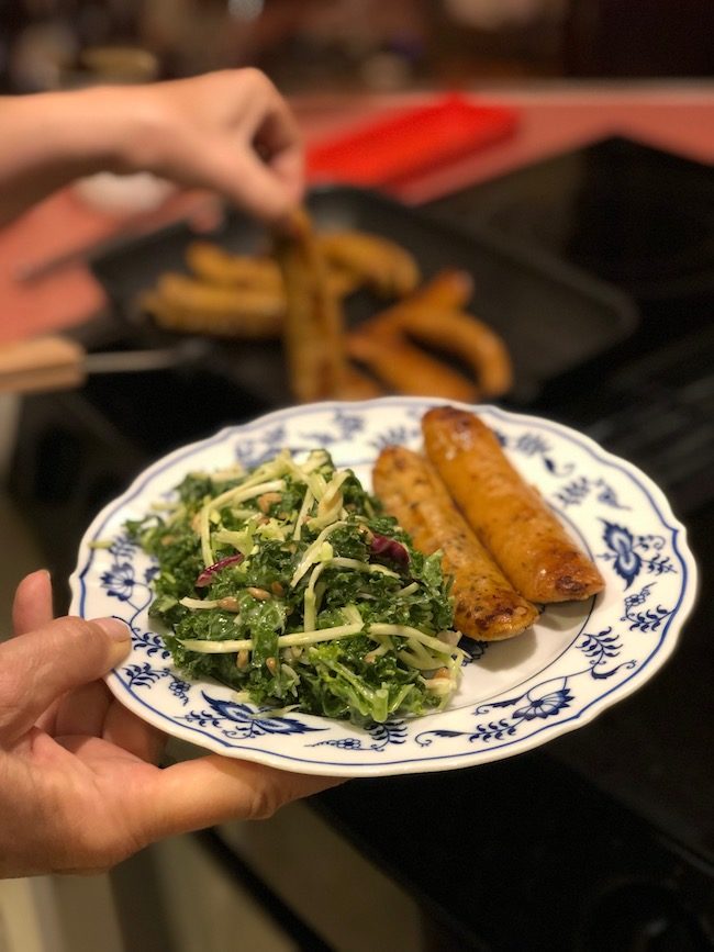 broccoli kale salad and sausages the second lunch